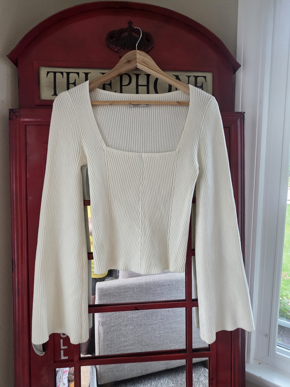 Hollister Cream Ribbed Square-Neck Long Sleeve Top